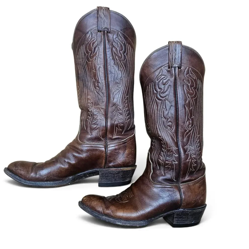 TONY LAMA Cowboy Boots Men's 8 EE VTG 80's USA Brown Leather Western Ranchwear
